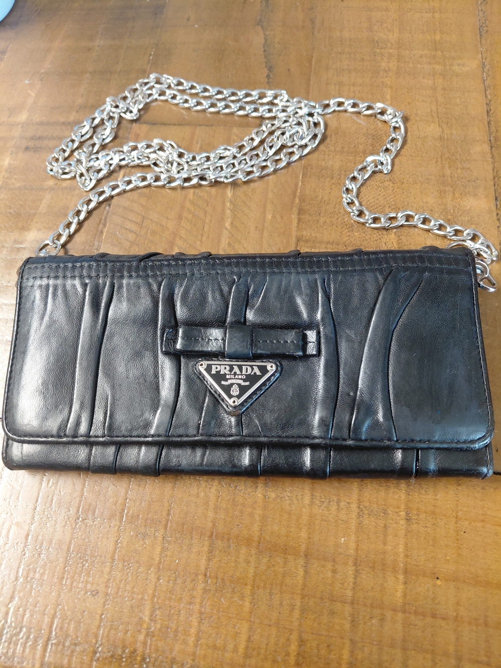 Prada Black Pleated Leather Chain Wallet Shoulder Bag